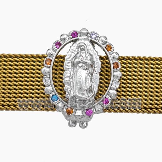 Copper Watchband Beads Pave Zirconia Virgin Mary Flat Hole Platinum Plated