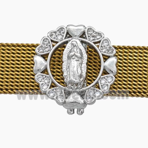 Copper Watchband Beads Pave Zirconia Virgin Mary Flat Hole Platinum Plated