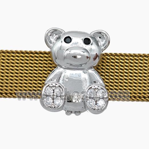 Copper Watchband Beads Pave Zirconia Bear Flat Hole Platinum Plated