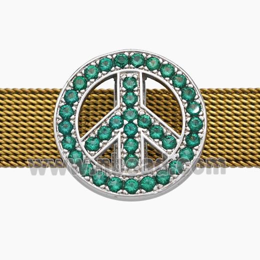 Copper Watchband Beads Pave Zirconia Peace Sign Flat Hole Platinum Plated