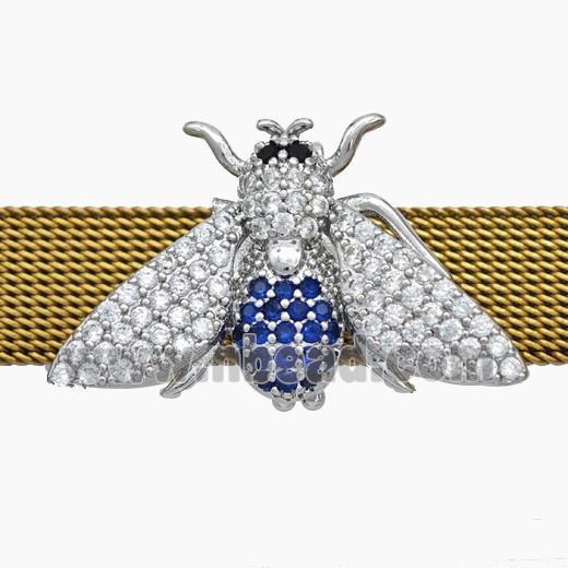 Copper Watchband Beads Pave Zirconia Honeybee Flat Hole Platinum Plated