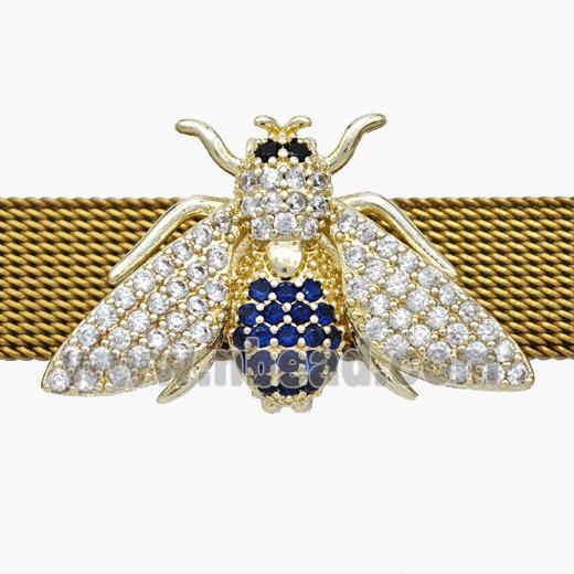 Copper Watchband Beads Pave Zirconia Honeybee Flat Hole Gold Plated