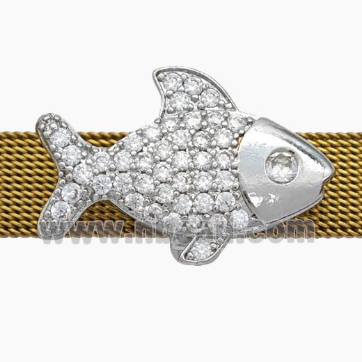 Copper Watchband Beads Pave Zirconia Fish Flat Hole Platinum Plated