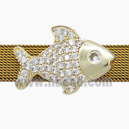 Copper Watchband Beads Pave Zirconia Fish Flat Hole Gold Plated