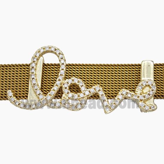 Copper Watchband Beads Pave Zirconia Love Flat Hole Gold Plated