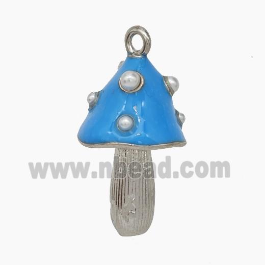 Copper Mushroom Pendant Pave Pearlize Resin Blue Enamel Platinum Plated