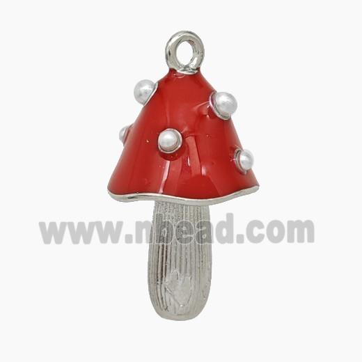 Copper Mushroom Pendant Pave Pearlize Resin Red Enamel Platinum Plated