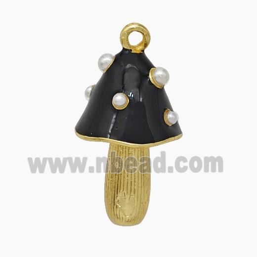 Copper Mushroom Pendant Pave Pearlize Resin Black Enamel Gold Plated