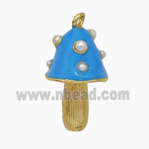 Copper Mushroom Pendant Pave Pearlize Resin Blue Enamel Gold Plated