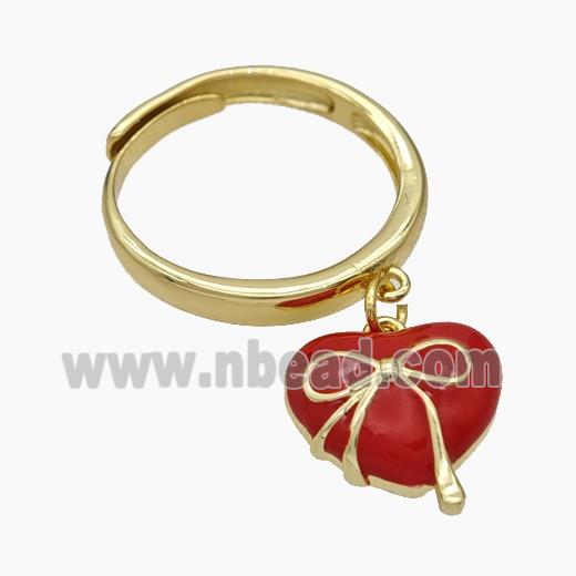 Copper Heart Rings Red Enamel Bow Gold Plated