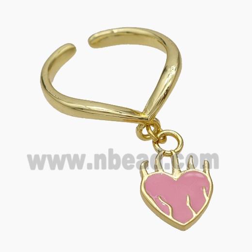 Copper Heart Rings Pink Enamel Gold Plated