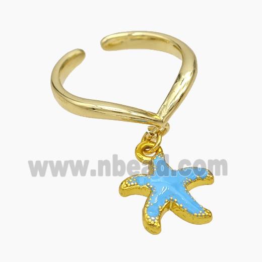 Copper Starfish Rings Blue Enamel Gold Plated