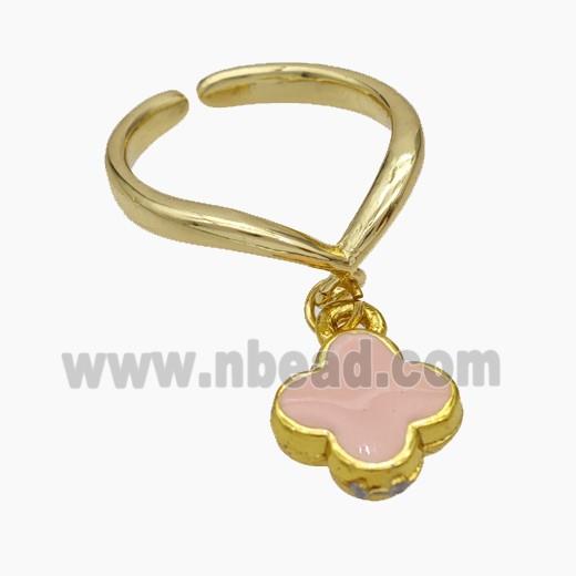 Copper Clover Rings Pink Enamel Gold Plated