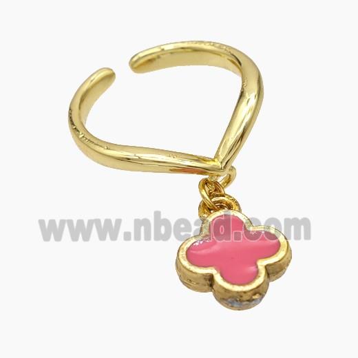 Copper Clover Rings Pink Enamel Gold Plated