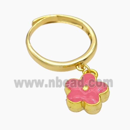 Copper Flower Rings Pink Enamel Gold Plated