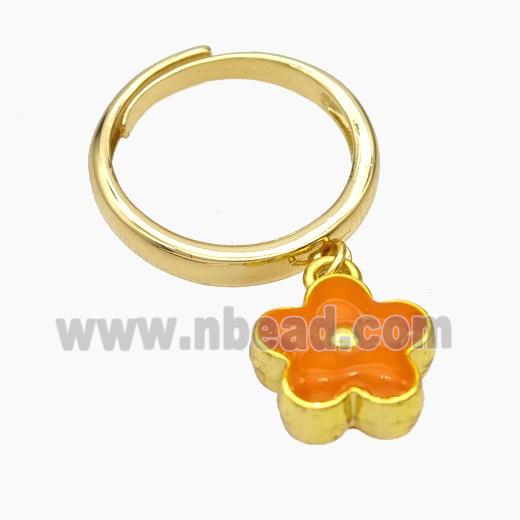 Copper Flower Rings Orange Enamel Gold Plated