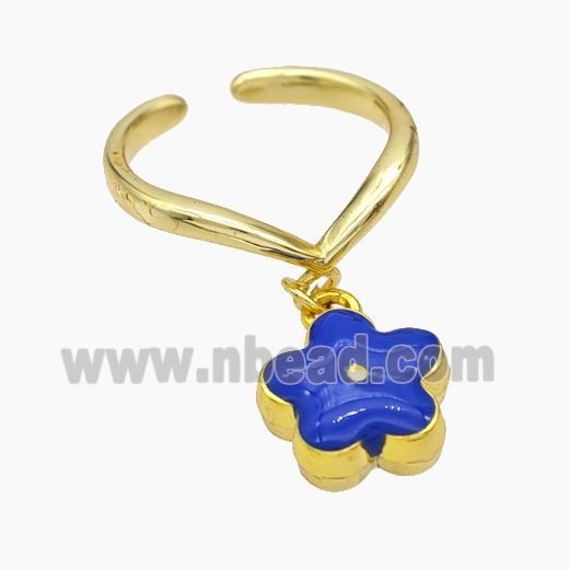 Copper Flower Rings Royalblue Enamel Gold Plated