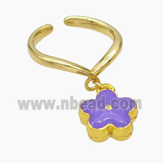 Copper Flower Rings Lavender Enamel Gold Plated