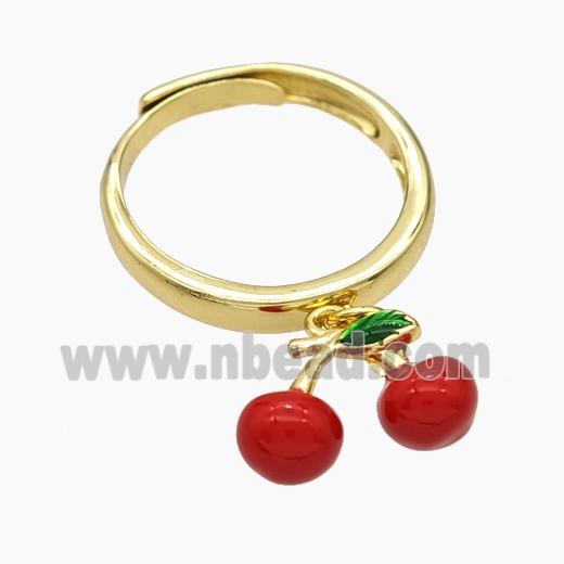 Copper Cherry Rings Red Enamel Adjustable Gold Plated