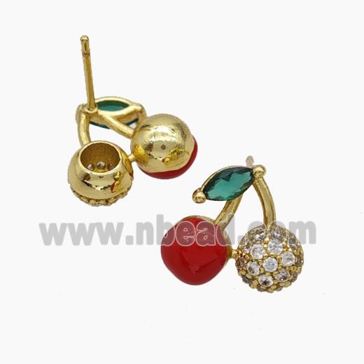 Copper Cherry Stud Earrings Pave Zirconia Red Enamel Gold Plated