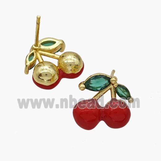 Copper Cherry Stud Earrings Pave Zirconia Red Enamel Gold Plated