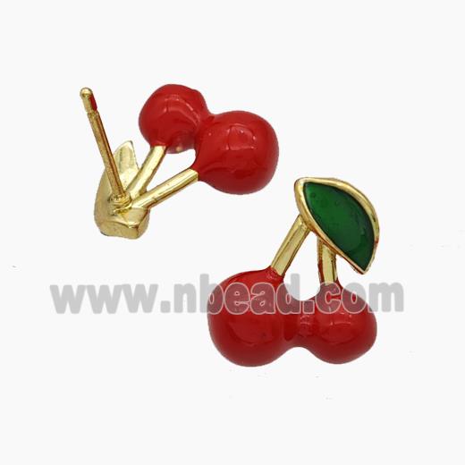 Copper Cherry Stud Earrings Red Enamel Gold Plated