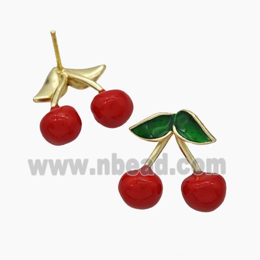 Copper Cherry Stud Earrings Red Enamel Gold Plated