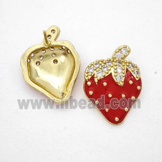 Copper Strawberry Stud Earrings Pave Zirconia Red Enamel Gold Plated