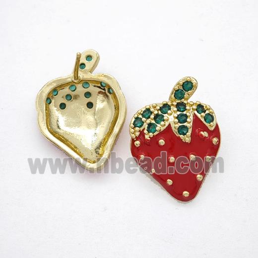 Copper Strawberry Stud Earrings Pave Zirconia Red Enamel Gold Plated