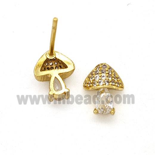 Copper Mushroom Stud Earrings Pave Zirconia Gold Plated