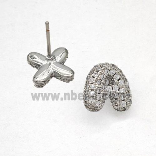 Copper Stud Earrings Pave Zirconia Letter-A Platinum Plated