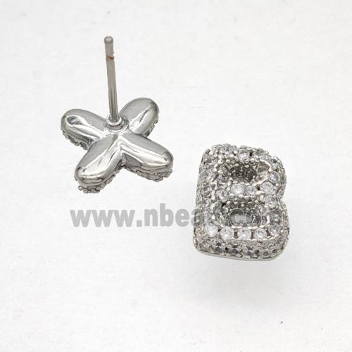 Copper Stud Earrings Pave Zirconia Letter-B Platinum Plated