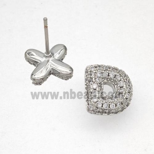 Copper Stud Earrings Pave Zirconia Letter-D Platinum Plated