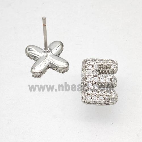 Copper Stud Earrings Pave Zirconia Letter-E Platinum Plated