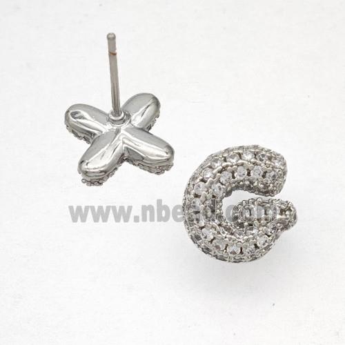 Copper Stud Earrings Pave Zirconia Letter-G Platinum Plated