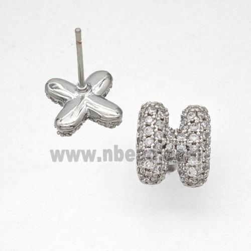 Copper Stud Earrings Pave Zirconia Letter-H Platinum Plated