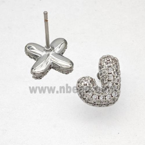 Copper Stud Earrings Pave Zirconia Letter-J Platinum Plated