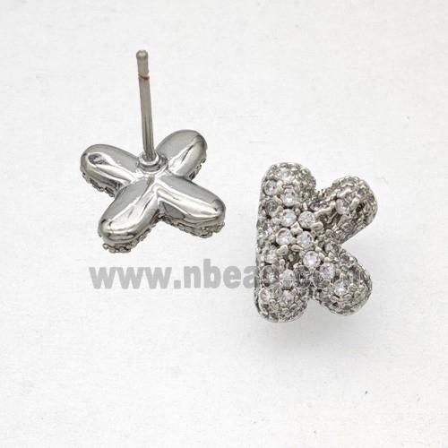 Copper Stud Earrings Pave Zirconia Letter-K Platinum Plated