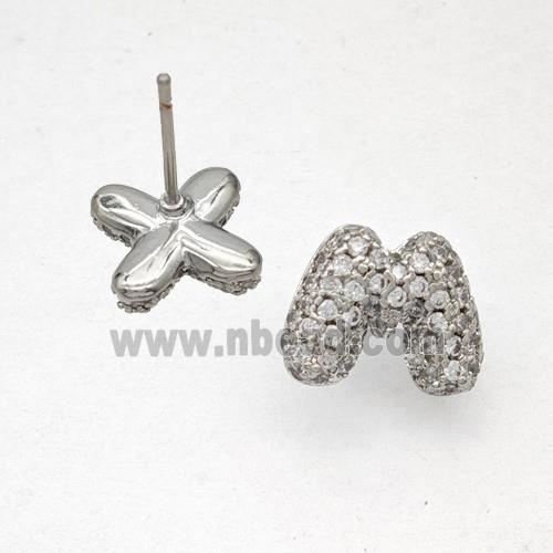 Copper Stud Earrings Pave Zirconia Letter-M Platinum Plated