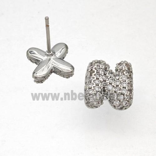 Copper Stud Earrings Pave Zirconia Letter-N Platinum Plated