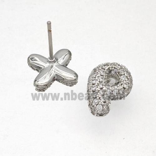 Copper Stud Earrings Pave Zirconia Letter-P Platinum Plated