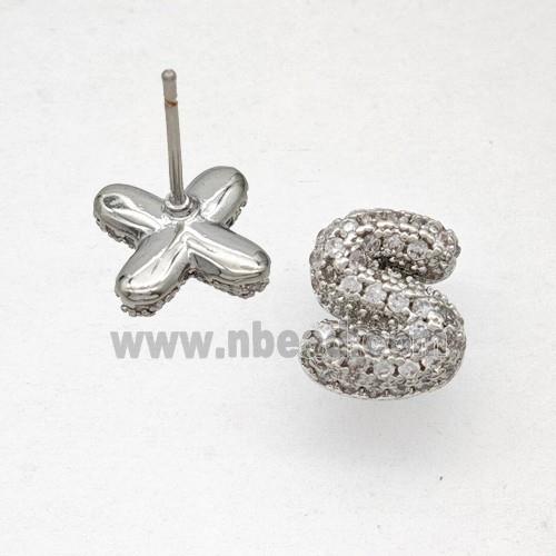 Copper Stud Earrings Pave Zirconia Letter-S Platinum Plated