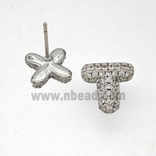 Copper Stud Earrings Pave Zirconia Letter-T Platinum Plated