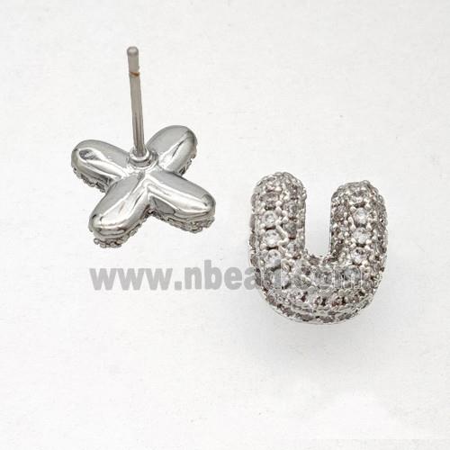 Copper Stud Earrings Pave Zirconia Letter-U Platinum Plated