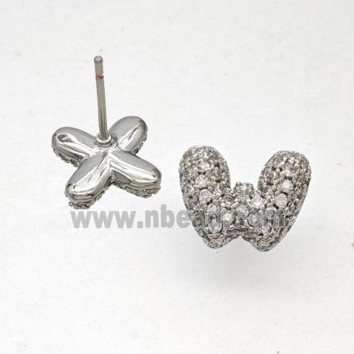 Copper Stud Earrings Pave Zirconia Letter-W Platinum Plated