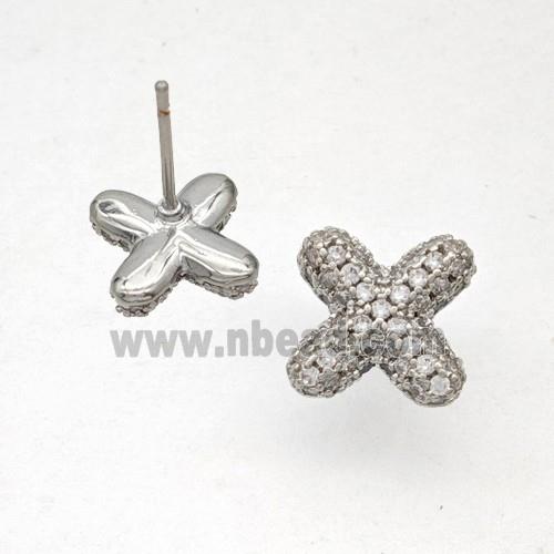 Copper Stud Earrings Pave Zirconia Letter-X Platinum Plated