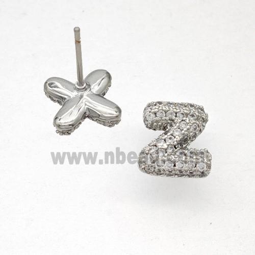 Copper Stud Earrings Pave Zirconia Letter-Z Platinum Plated