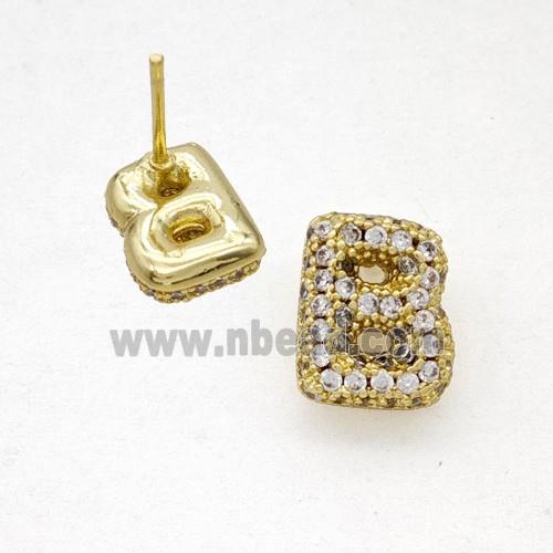 Copper Stud Earrings Pave Zirconia Letter-B Gold Plated