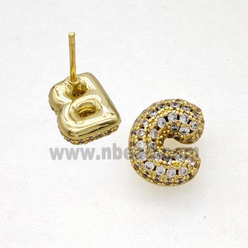 Copper Stud Earrings Pave Zirconia Letter-C Gold Plated