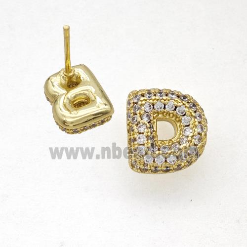 Copper Stud Earrings Pave Zirconia Letter-D Gold Plated